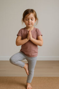 کودک در حالت ژست درخت یوگا (Tree Pose)